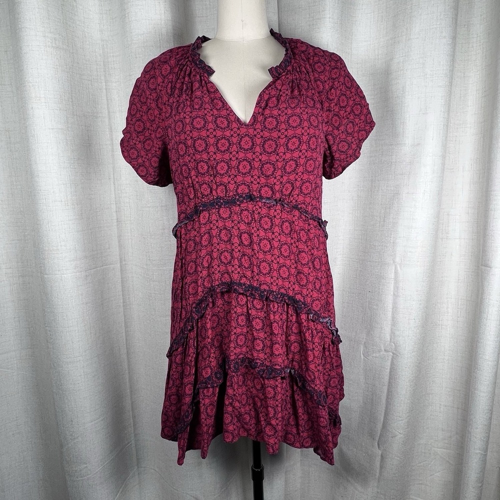 Anthropologie Robin Tiered Red Black Mini‎ Dress Large Petite PL Flutter Sleeves